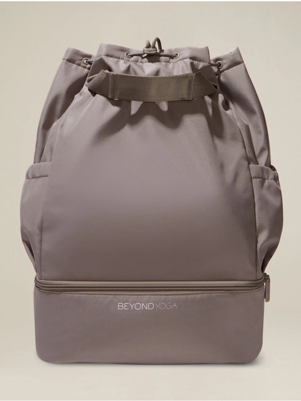 Beyond Yoga Taupe Drawstring Backpack with Zippered Base